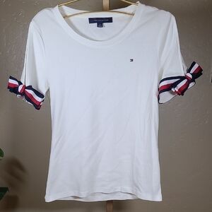 Tommy Hilfiger Red White Blue Fitted Tie Sleeve T-Shirt Small 100% Cotton